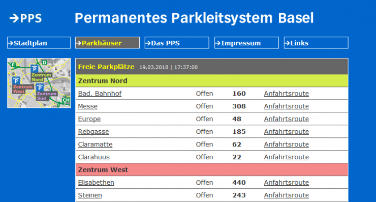 Screenshot eines Teils der öffentlichen Website des Parkleitsystems Basel-Stadt, das für die meisten Parkhäuser der Stadt die Anzahl der pro Parking aktuell frei verfügbaren Parkplätze anzeigt.
